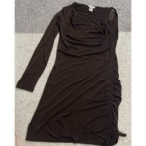 Cache Womens Small Asymmetrical One Sleeve Shoulder Accent Cocktail Dress Brown